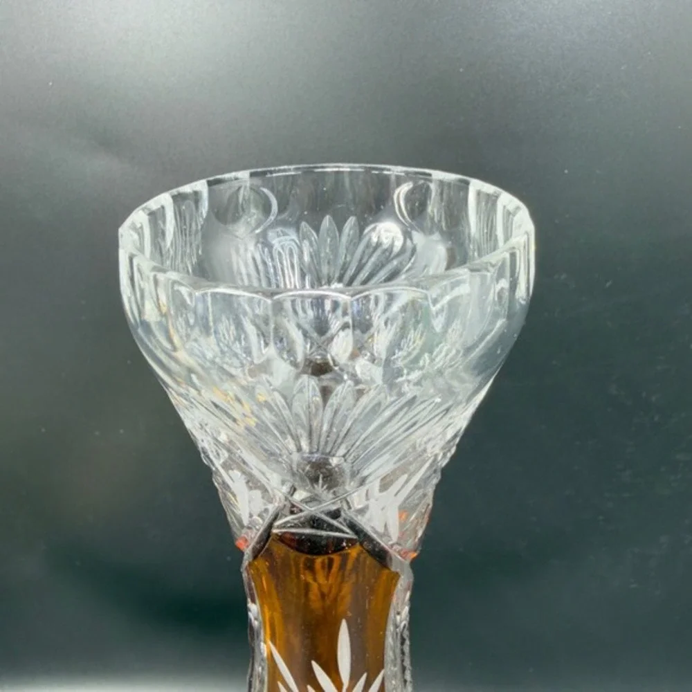 Vintage Bohemian Glass Amber‎ Cut to Clear Crystal Bud Vase Floral Wheat Pattern